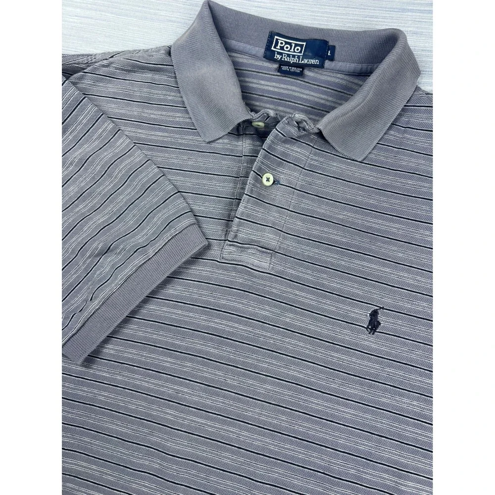 Polo Ralph Lauren Mens Large Blue‎ Grey Striped Short Sleeve Pique Polo Shirt